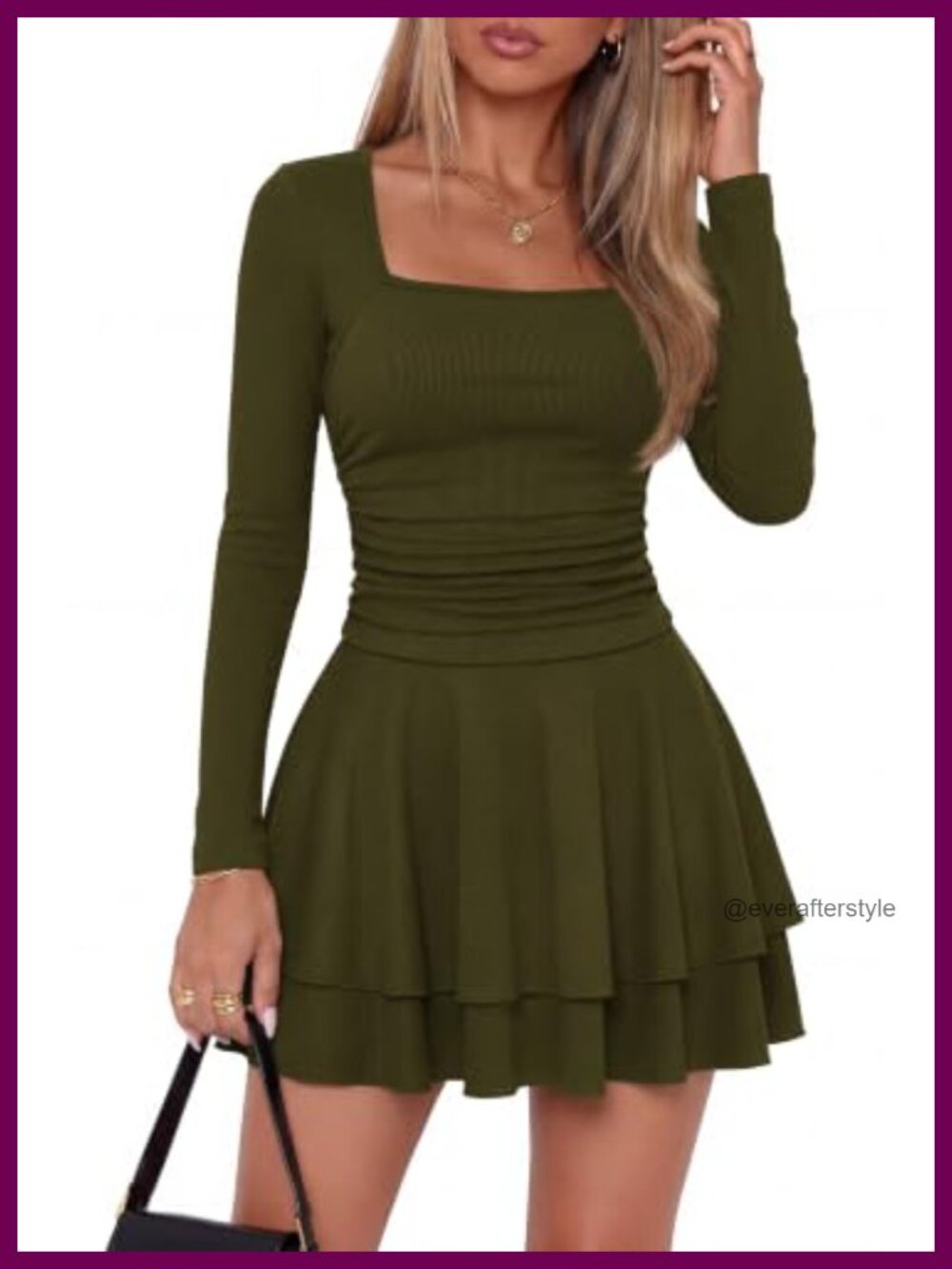Women Long Sleeve Ribbed Knit Ruffle Mini Dress Formal Party